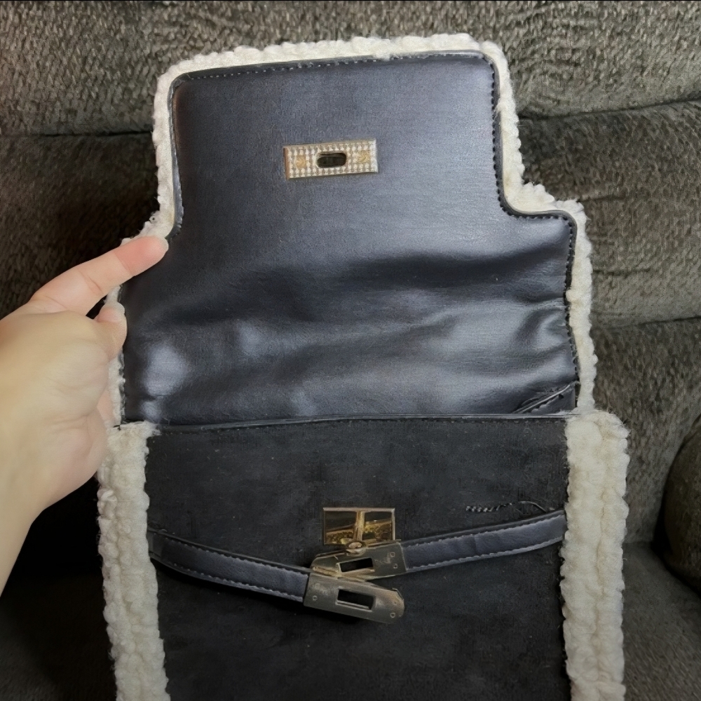 Badgley Mischka Black Fur Border Satchel - Picture 5 of 7